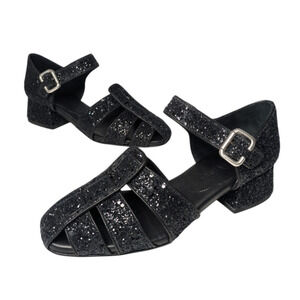 Freda Salvador Hattie Black Glitter Fisherman Mid Heel Sandals New Size 6 Buckle